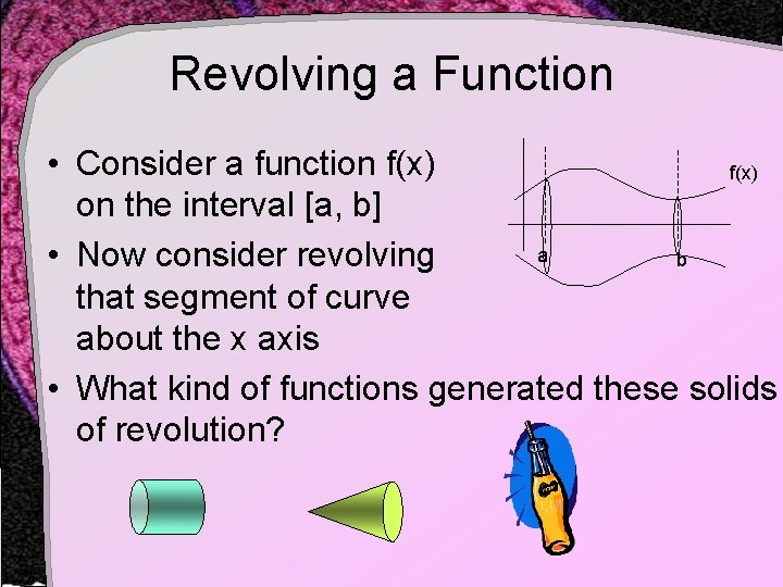 Revolving a Function • Consider a function f(x) on the interval [a, b] a