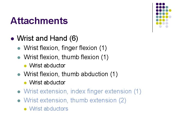 Attachments l Wrist and Hand (6) l l Wrist flexion, finger flexion (1) Wrist Attachments l Wrist and Hand (6) l l Wrist flexion, finger flexion (1) Wrist