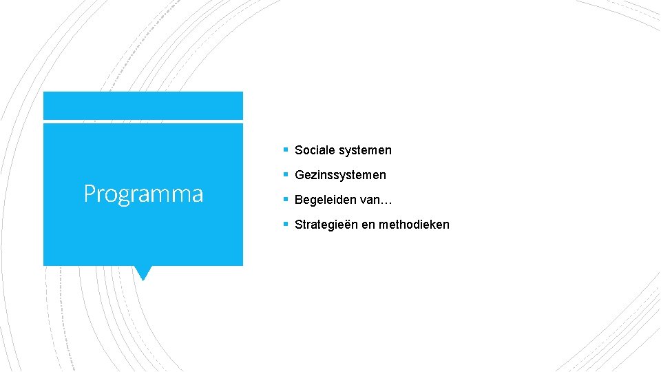 § Sociale systemen Programma § Gezinssystemen § Begeleiden van… § Strategieën en methodieken 