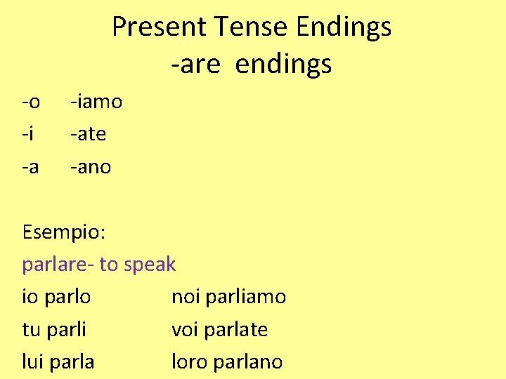 Present Tense Endings -are endings -o -i -a -iamo -ate -ano Esempio: parlare- to