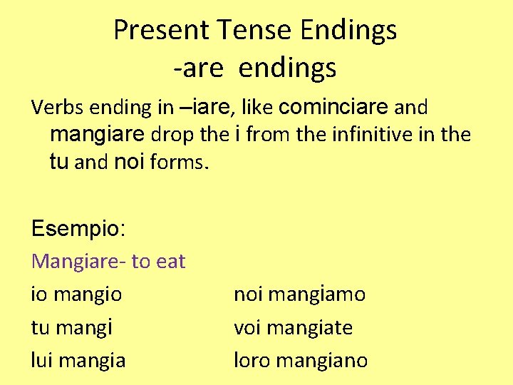Present Tense Endings -are endings Verbs ending in –iare, like cominciare and mangiare drop