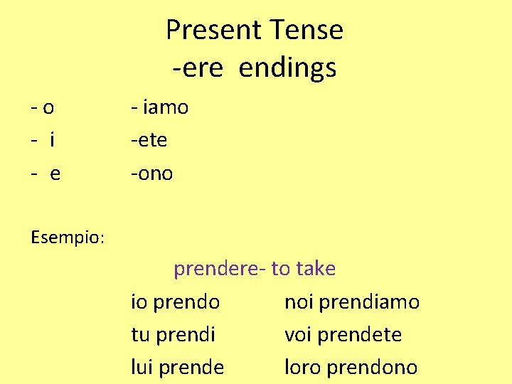 Present Tense -ere endings -o - i - e - iamo -ete -ono Esempio: