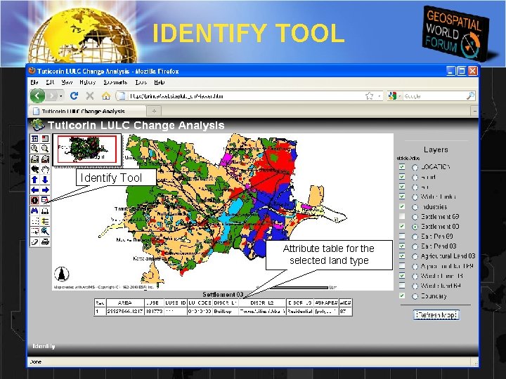 IDENTIFY TOOL Identify Tool Attribute table for the selected land type 