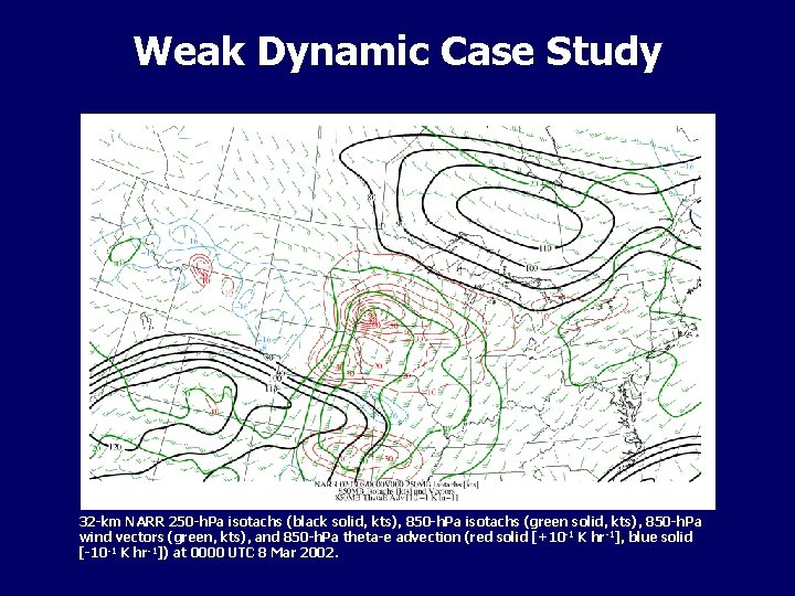 Weak Dynamic Case Study 32 -km NARR 250 -h. Pa isotachs (black solid, kts),