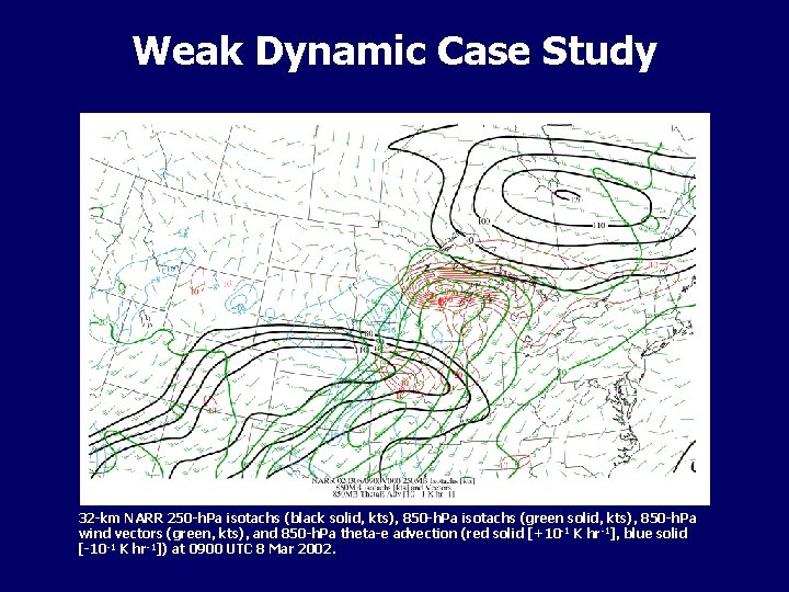 Weak Dynamic Case Study 32 -km NARR 250 -h. Pa isotachs (black solid, kts),