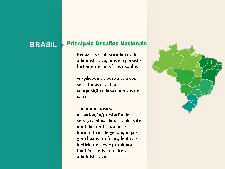 BRASIL Principais Desafios Nacionais • Reduziu-se a descontinuidade administrativa, mas ela persiste fortemente em