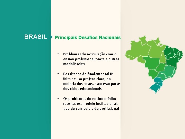 BRASIL Principais Desafios Nacionais • Problemas de articulação com o ensino profissionalizante e outras