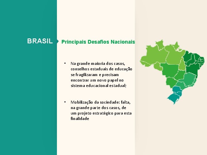 BRASIL Principais Desafios Nacionais • Na grande maioria dos casos, conselhos estaduais de educação