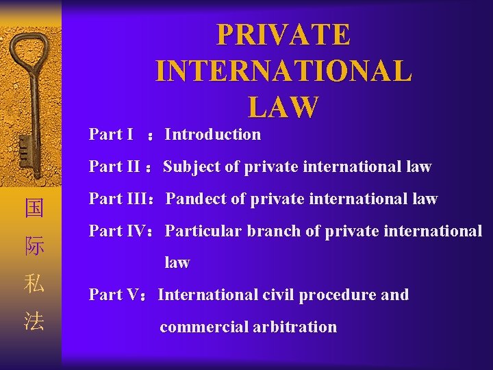 PRIVATE INTERNATIONAL LAW Part I ：Introduction Part II ：Subject of private international law 国