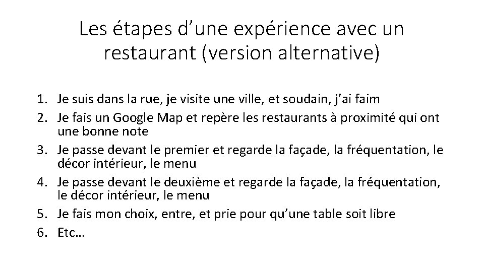 Les étapes d’une expérience avec un restaurant (version alternative) 1. Je suis dans la