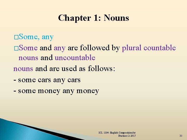 Chapter 1: Nouns �Some, any �Some and any are followed by plural countable nouns