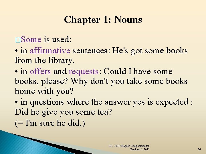 Chapter 1: Nouns �Some is used: • in affirmative sentences: He's got some books