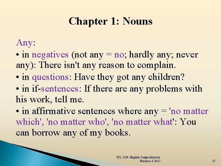 Chapter 1: Nouns Any: • in negatives (not any = no; hardly any; never