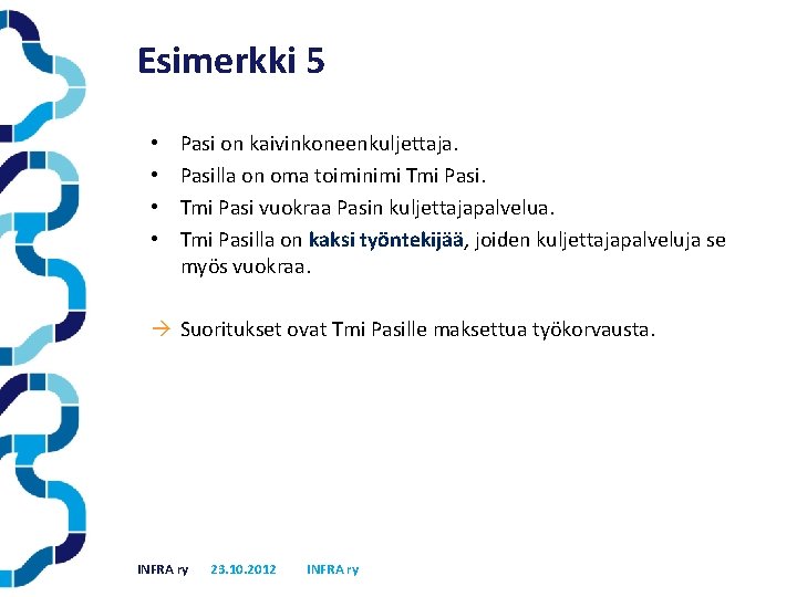 Esimerkki 5 • • Pasi on kaivinkoneenkuljettaja. Pasilla on oma toiminimi Tmi Pasi vuokraa