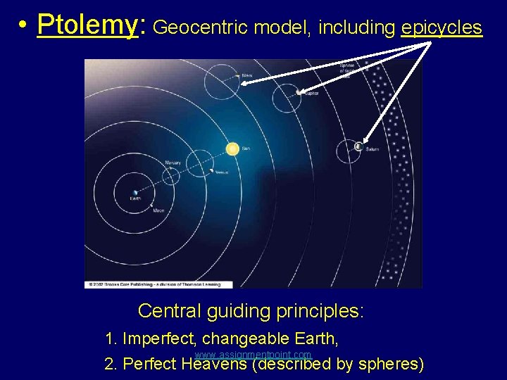  • Ptolemy: Geocentric model, including epicycles Central guiding principles: 1. Imperfect, changeable Earth,