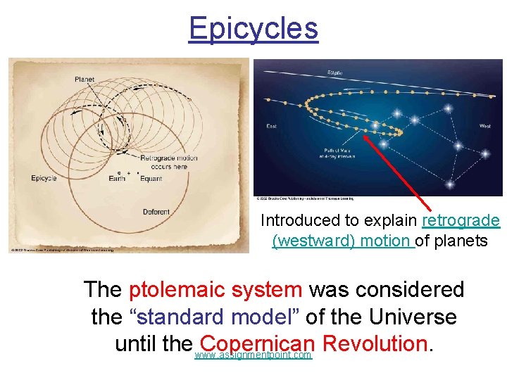 Epicycles Introduced to explain retrograde (westward) motion of planets The ptolemaic system was considered