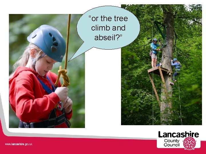 “or the tree climb and abseil? ” 