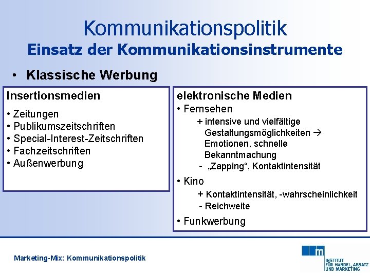 Kommunikationspolitik Einsatz der Kommunikationsinstrumente • Klassische Werbung Insertionsmedien • Zeitungen • Publikumszeitschriften • Special-Interest-Zeitschriften