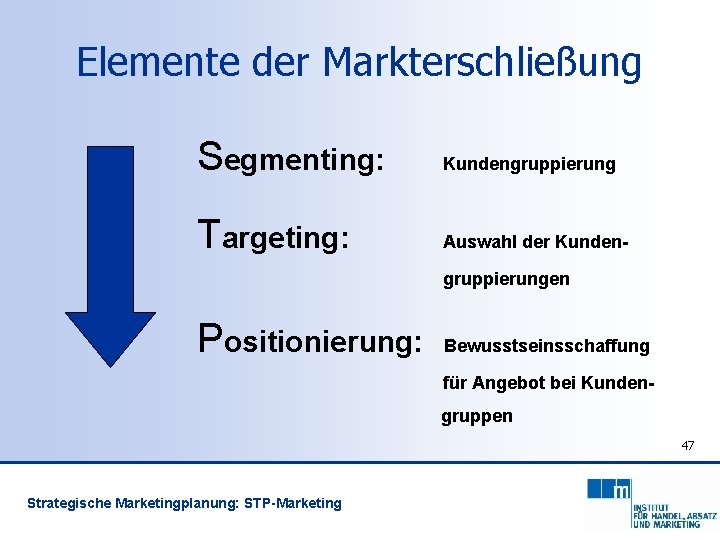 Elemente der Markterschließung Segmenting: Kundengruppierung Targeting: Auswahl der Kundengruppierungen Positionierung: Bewusstseinsschaffung für Angebot bei