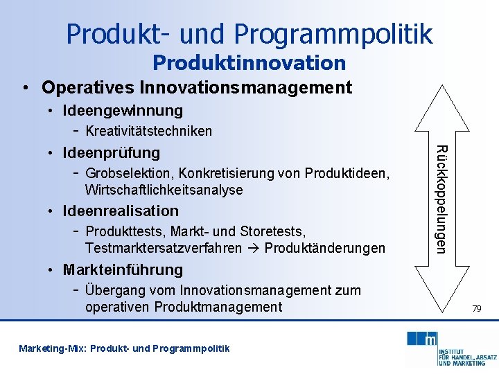 Produkt- und Programmpolitik Produktinnovation • Operatives Innovationsmanagement • Ideengewinnung - Kreativitätstechniken - Grobselektion, Konkretisierung