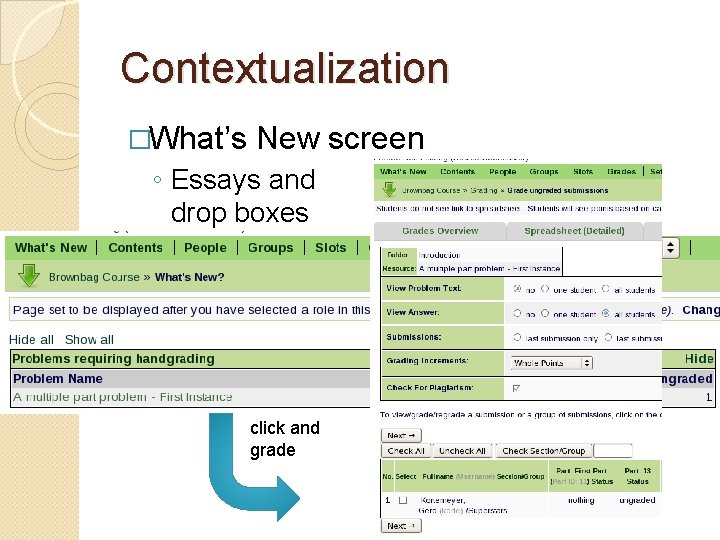 Contextualization �What’s New screen ◦ Essays and drop boxes click and grade 