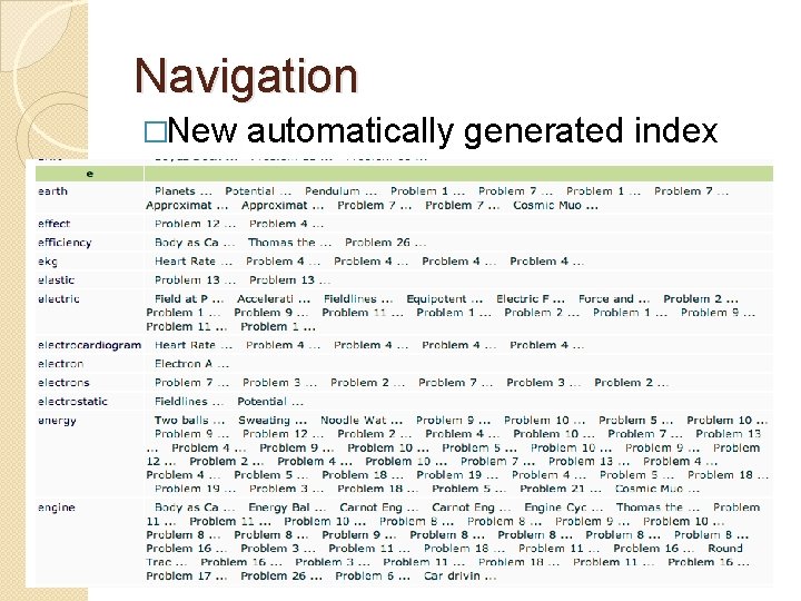 Navigation �New automatically generated index 