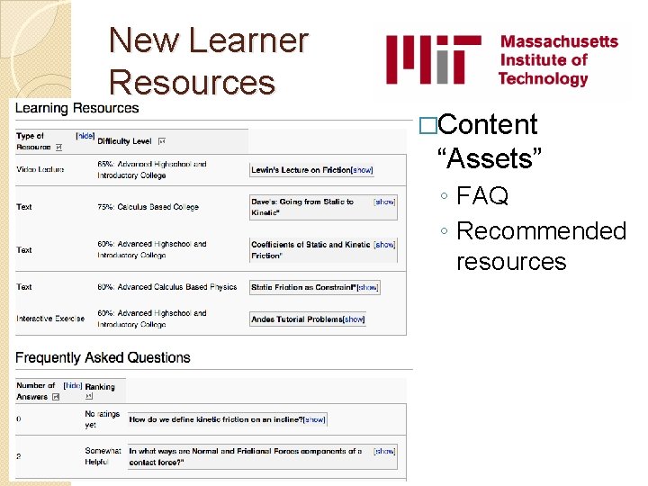New Learner Resources �Content “Assets” ◦ FAQ ◦ Recommended resources 