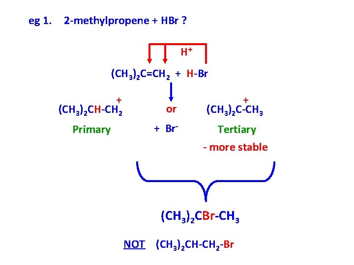 eg 1. 2 -methylpropene + HBr ? H+ (CH 3)2 C=CH 2 + H-Br