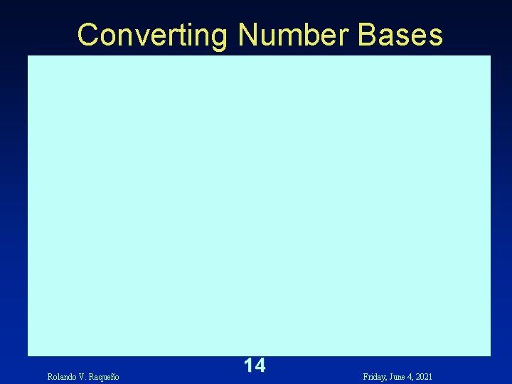 Converting Number Bases Rolando V. Raqueño 14 Friday, June 4, 2021 Converting Number Bases Rolando V. Raqueño 14 Friday, June 4, 2021