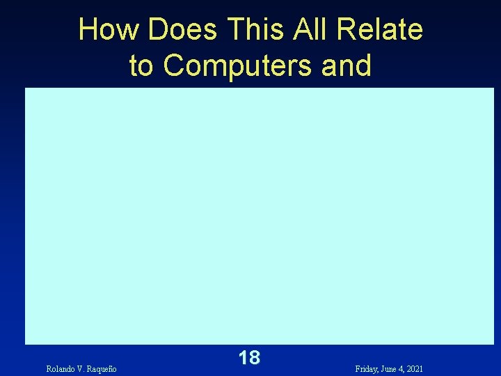 How Does This All Relate to Computers and Programming Rolando V. Raqueño 18 Friday, How Does This All Relate to Computers and Programming Rolando V. Raqueño 18 Friday,
