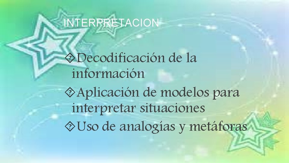 INTERPRETACION Decodificación de la información Aplicación de modelos para interpretar situaciones Uso de analogías