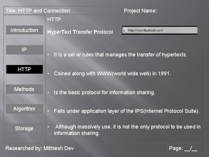 Title: HTTP and Connection Project Name: HTTP: Introduction IP HTTP Methods Algorithm Storage Hyper.