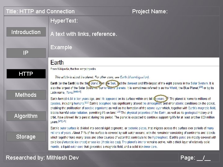 Title: HTTP and Connection Project Name: Hyper. Text: Introduction IP A text with links,