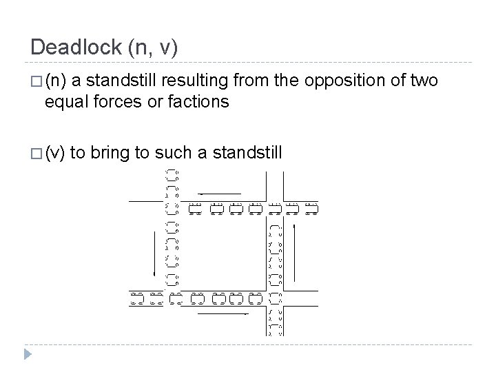 Deadlock (n, v) � (n) a standstill resulting from the opposition of two equal