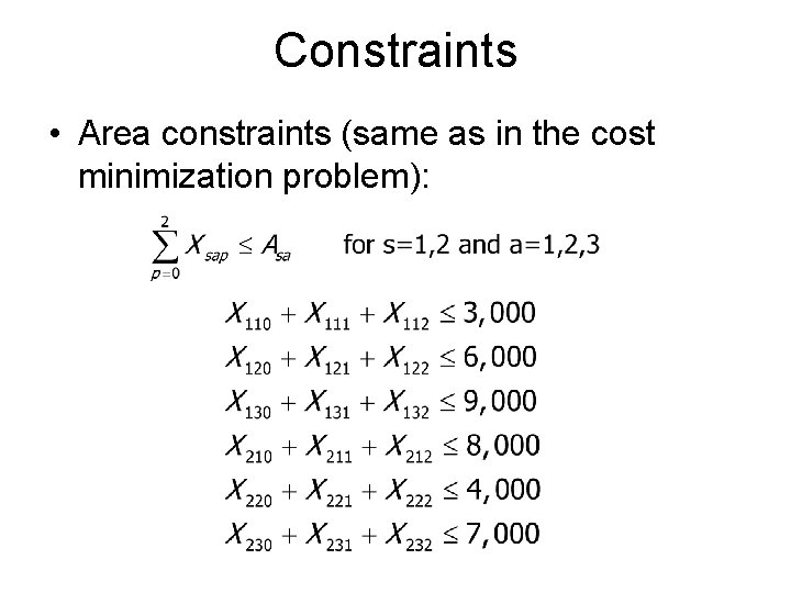 Constraints • Area constraints (same as in the cost minimization problem): 