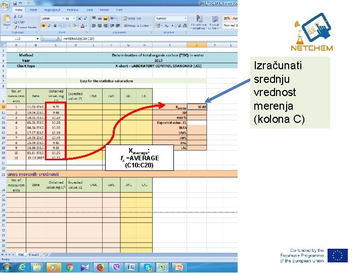 Izračunati srednju vrednost merenja (kolona C) Xaverage: fx =AVERAGE (C 10: C 20) 