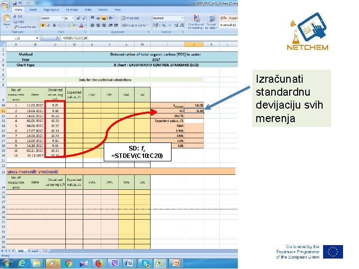 Izračunati standardnu devijaciju svih merenja RSD = SD: (J 11/J 0)*100 fx =STDEV(C 10: