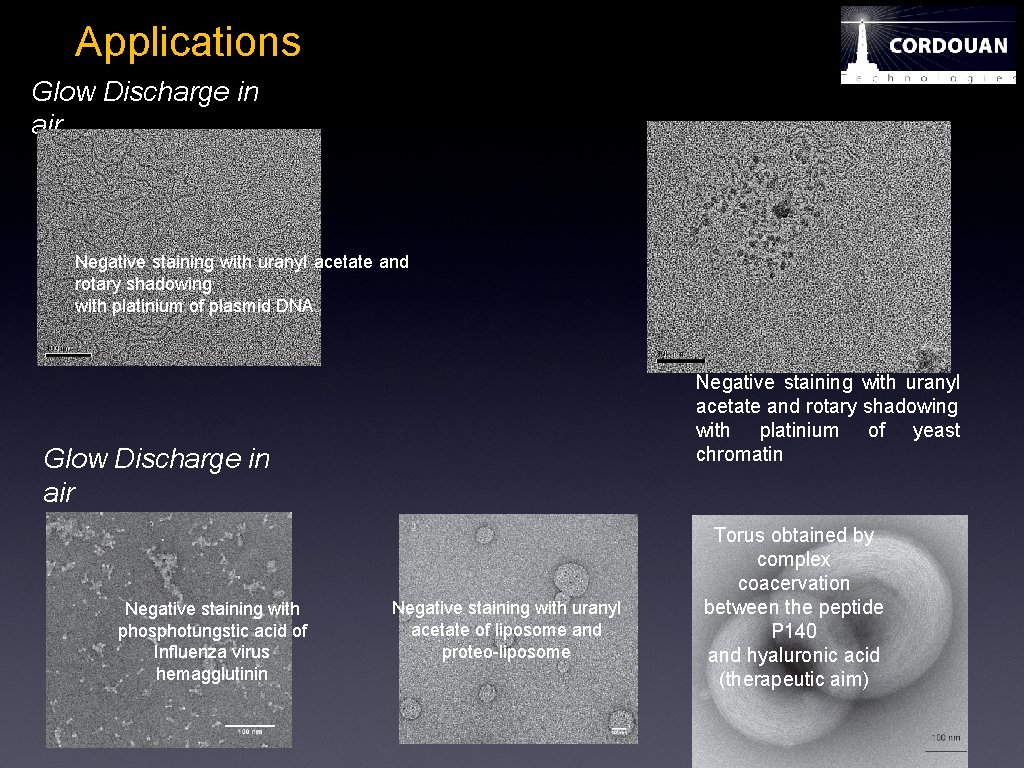 Applications Glow Discharge in air Negative staining with uranyl acetate and rotary shadowing with