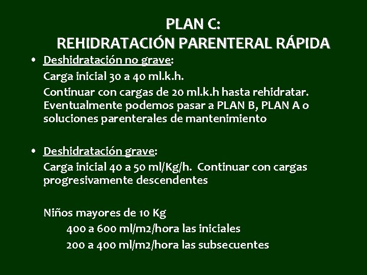 PLAN C: REHIDRATACIÓN PARENTERAL RÁPIDA • Deshidratación no grave: Carga inicial 30 a 40