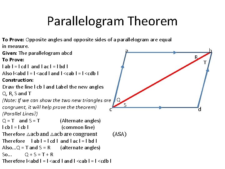 Parallelogram Theorem To Prove: Opposite angles and opposite sides of a parallelogram are equal