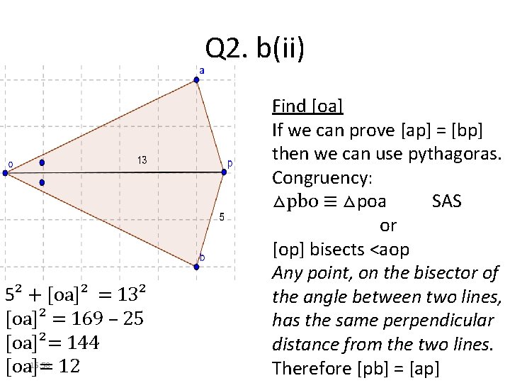 Q 2. b(ii) 5² + [oa]² = 13² [oa]² = 169 – 25 [oa]²=
