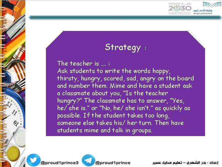 Strategy : The teacher is …. : Ask students to write the words happy,