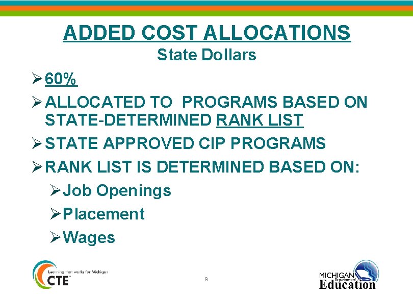 ADDED COST ALLOCATIONS State Dollars Ø 60% Ø ALLOCATED TO PROGRAMS BASED ON STATE-DETERMINED