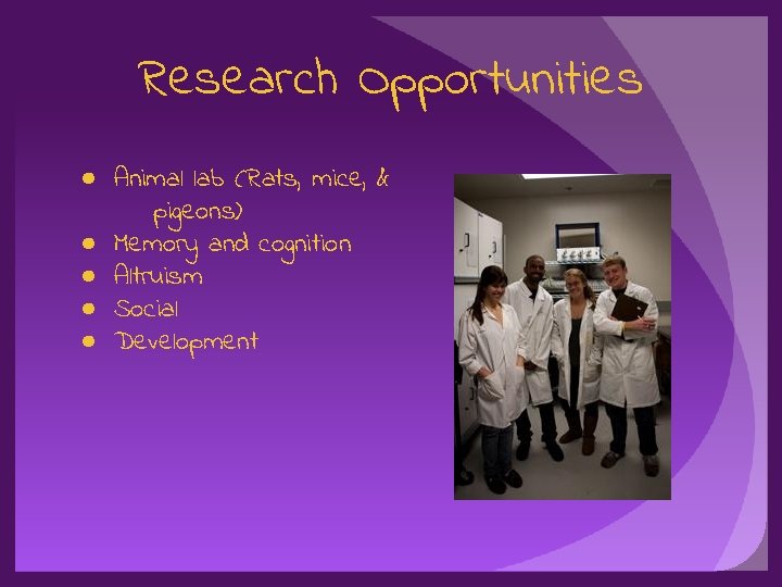 Research Opportunities ● Animal lab (Rats, mice, & pigeons) ● Memory and cognition ●