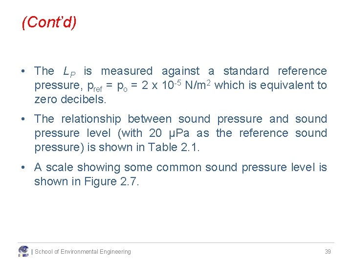 (Cont’d) • The LP is measured against a standard reference pressure, pref = po (Cont’d) • The LP is measured against a standard reference pressure, pref = po