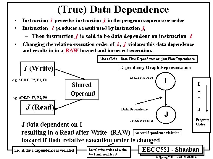 (True) Data Dependence • • Instruction i precedes instruction j in the program sequence