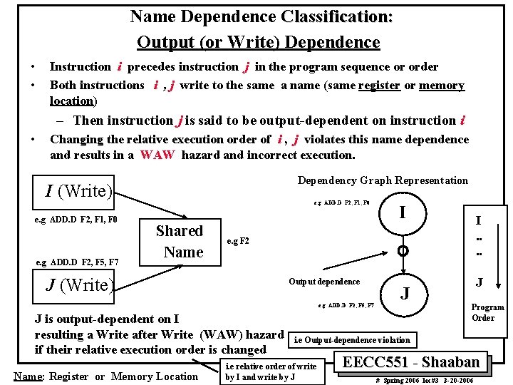 Name Dependence Classification: Output (or Write) Dependence • • Instruction i precedes instruction j