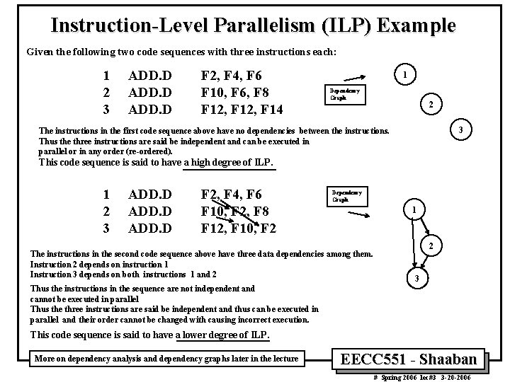 Instruction-Level Parallelism (ILP) Example Given the following two code sequences with three instructions each: