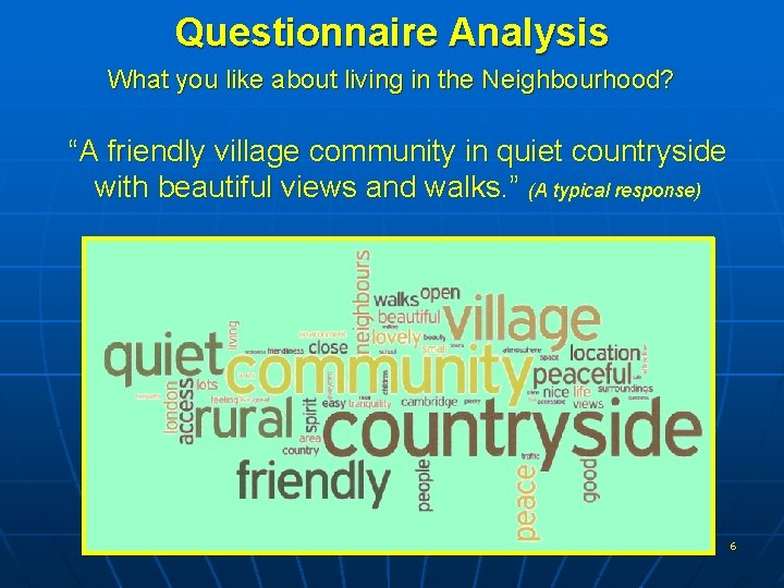 Questionnaire Analysis What you like about living in the Neighbourhood? “A friendly village community