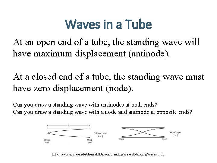 Waves in a Tube At an open end of a tube, the standing wave